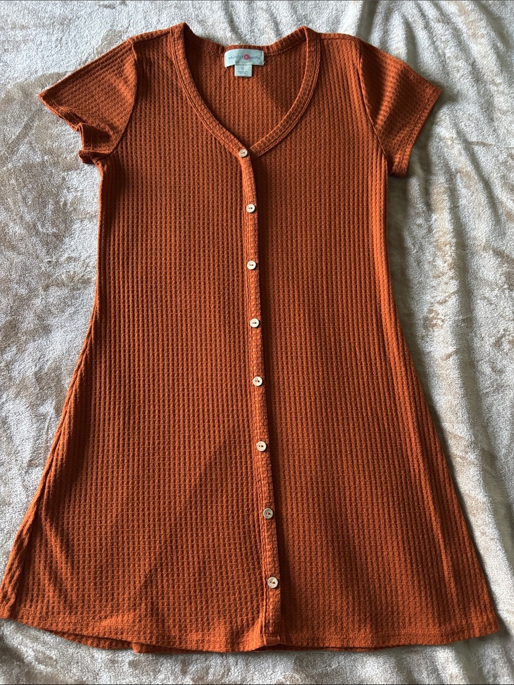 Wishful Park Rust Orange Short-Sleeve Button-Front Knit Dress